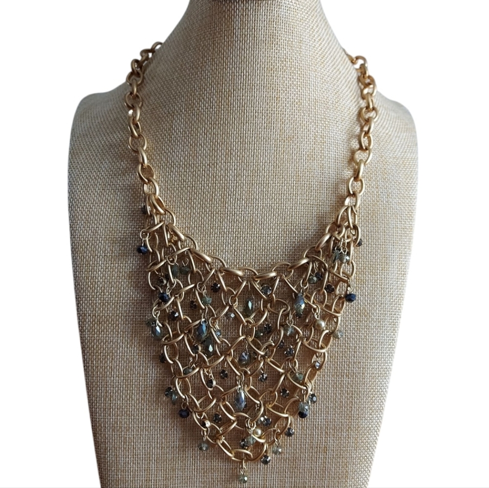 Vintage Y2K Kenneth Cole Elegant Gold Mesh Necklace With Blue Rhinstones